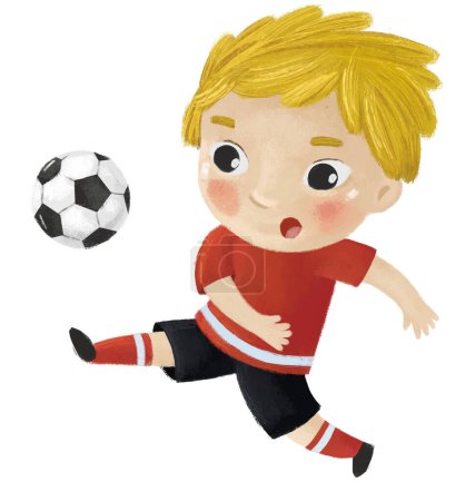 Téléchargez les photos : Scène de dessin animé avec enfant jouant football ballon de sport footbal - illustration - en image libre de droit