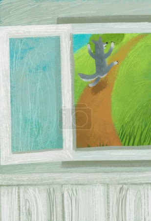 Téléchargez les photos : Scène de dessin animé avec fenêtre dans la maison en bois illustration - en image libre de droit