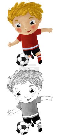 Téléchargez les photos : Scène de dessin animé avec enfant jouant football ballon de sport footbal - illustration croquis - en image libre de droit