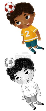 Foto de Escena de dibujos animados con el niño jugando fútbol pelota de deporte futbolín - ilustración boceto - Imagen libre de derechos