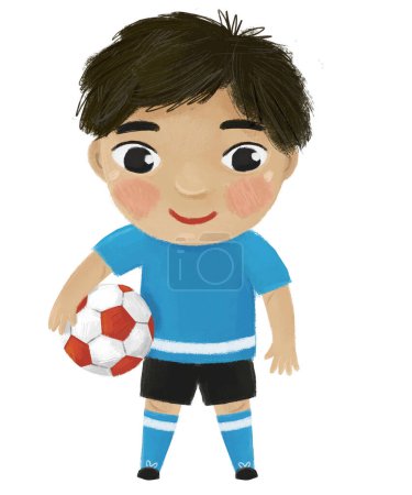 Téléchargez les photos : Scène de dessin animé avec enfant jouant au football de ballon de sport - illustration pour les enfants - en image libre de droit