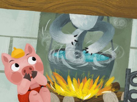 Téléchargez les photos : Scène de dessin animé avec cochon et loup dans la cuisine près du foyer cheminée illustration - en image libre de droit