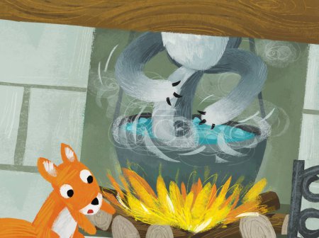 Photo for Cartoon scene with squirrel and wolf in the kitchen near the fireside fireplace illustration - Royalty Free Image