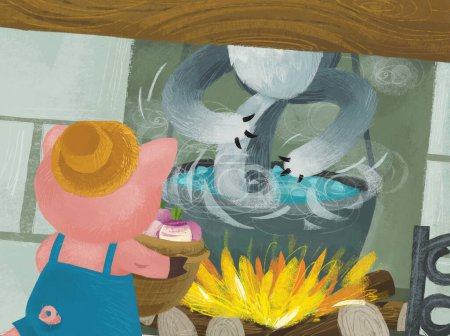 Téléchargez les photos : Scène de dessin animé avec cochon et loup dans la cuisine près du foyer cheminée illustration - en image libre de droit