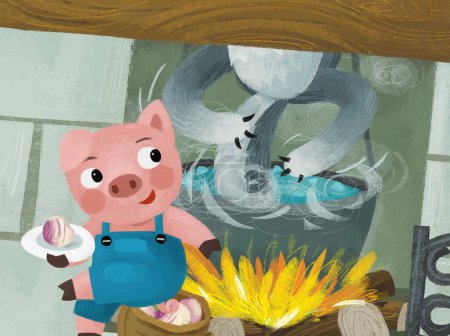 Photo for Cartoon scene with pig and wolf in the kitchen near the fireside fireplace illustration - Royalty Free Image