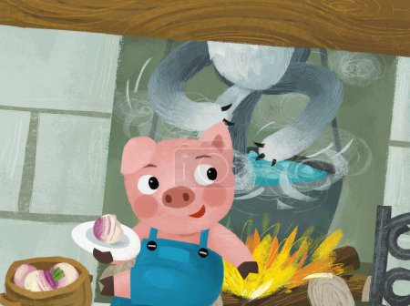 Photo for Cartoon scene with pig and wolf in the kitchen near the fireside fireplace illustration - Royalty Free Image