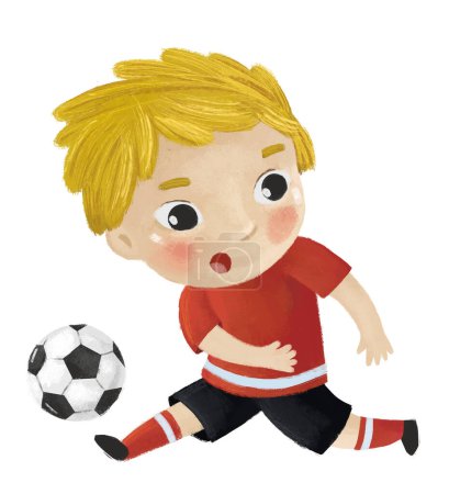 Foto de Escena de dibujos animados con el niño jugando fútbol pelota de deporte corriendo - ilustración - Imagen libre de derechos