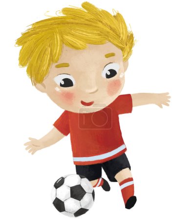 Téléchargez les photos : Scène de dessin animé avec enfant jouant au football de football de ballon de sport de course illustration pour les enfants - en image libre de droit