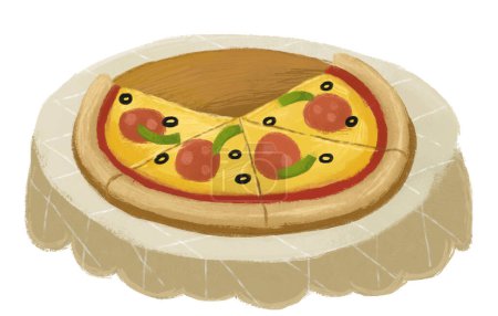 Téléchargez les photos : Scène de dessin animé avec pizza food pour le dîner sur la table illustration pour les enfants - en image libre de droit