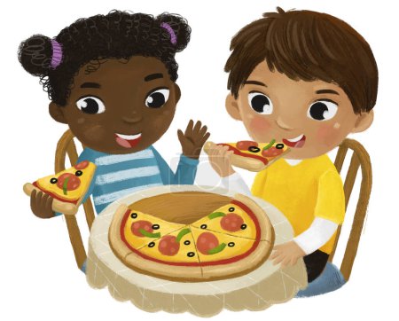 Foto de Escena de dibujos animados con niño y niña comiendo pizza para la cena ilustración para niños - Imagen libre de derechos