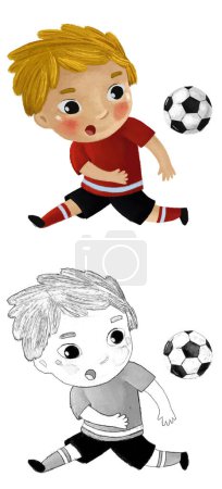 Foto de Escena de dibujos animados con el niño jugando fútbol pelota de deporte corriendo - ilustración bosquejo - Imagen libre de derechos