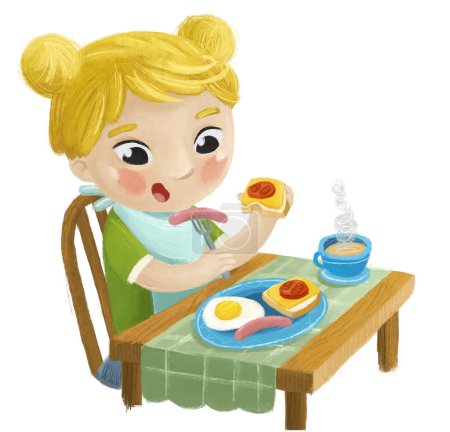 Foto de Escena de dibujos animados con niña pequeña dama comiendo desayuno saludable ilustración para niños - Imagen libre de derechos