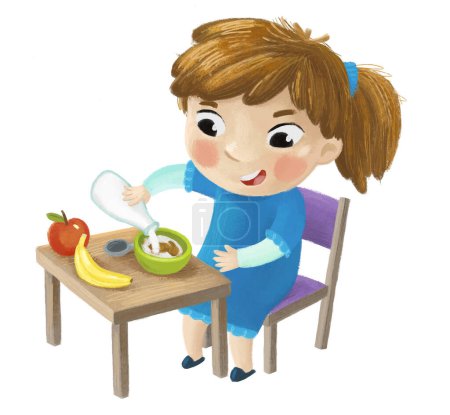 Foto de Escena de dibujos animados con chica comiendo desayuno saludable ilustración para niños - Imagen libre de derechos