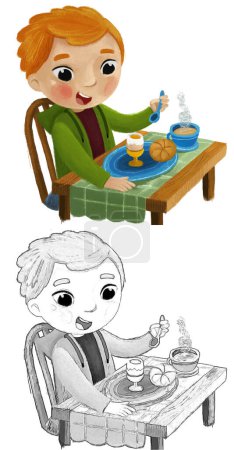 Téléchargez les photos : Dessin animé scène avec garçon petit enfant manger sain petit déjeuner illustration pour enfants croquis - en image libre de droit