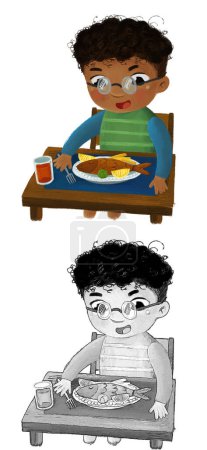 Photo for Cartoon scene with boy eating healthy dinner fried fish illustration for kids sketch - Royalty Free Image