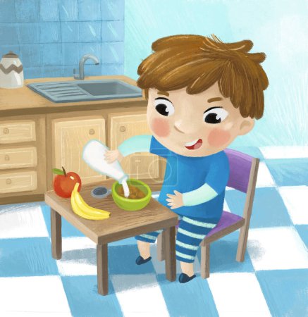Téléchargez les photos : Dessin animé scène avec garçon manger savoureux petit déjeuner illustration pour les enfants - en image libre de droit
