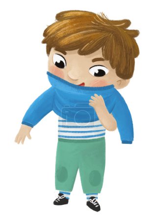 Photo for Cartoon child kid boy taking off or putting on clothes by him self childhood illustration for kids - Royalty Free Image