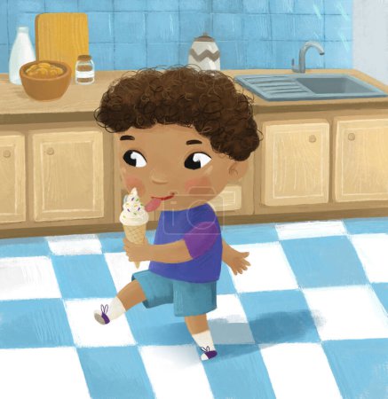 Foto de Escena de dibujos animados con hermosa cocina brillante con niño comiendo ilustración para niños - Imagen libre de derechos