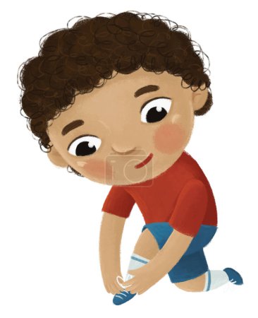 Foto de Dibujos animados niño niño niño quitarse o ponerse ropa por él mismo para el deporte ilustración de la infancia para los niños - Imagen libre de derechos