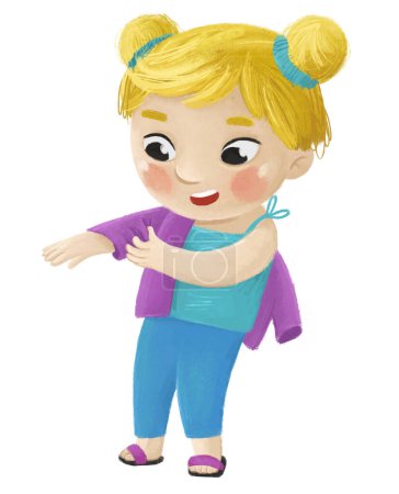Photo for Cartoon child kid girl taking off or putting on clothes by him self childhood illustration for children - Royalty Free Image