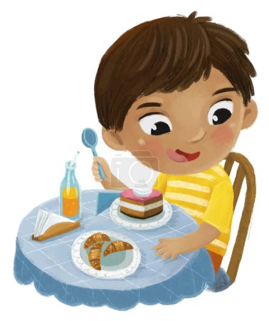 Photo for Cartoon scene with boy eating tasty dessert illustration for children - Royalty Free Image