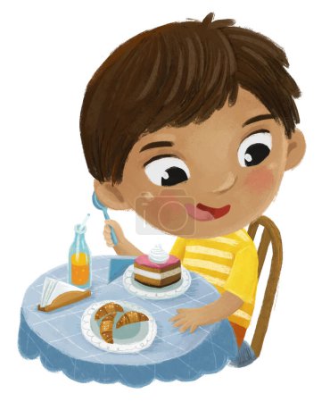 Téléchargez les photos : Scène de dessin animé avec garçon manger illustration dessert savoureux pour les enfants - en image libre de droit