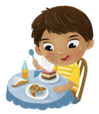Foto de Escena de dibujos animados con niño comiendo sabroso postre ilustración para niños - Imagen libre de derechos