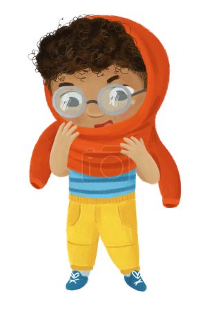 Photo for Cartoon child kid boy taking off or putting on autumn clothes by him self childhood illustration for children - Royalty Free Image