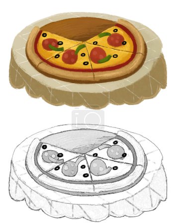Téléchargez les photos : Scène de dessin animé avec pizza food pour le dîner sur la table illustration pour les enfants - en image libre de droit