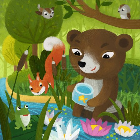 Téléchargez les photos : Scène de dessin animé avec différents amis animaux de la forêt ours écureuil illustration pour les enfants - en image libre de droit