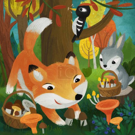 Téléchargez les photos : Scène de dessin animé avec différents animaux de la forêt amis renard pic-bois lapin illustration pour les enfants - en image libre de droit