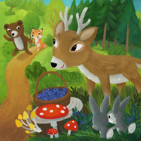 Téléchargez les photos : Scène de dessin animé avec différents amis animaux de la forêt ours renard cerf illustration pour les enfants - en image libre de droit