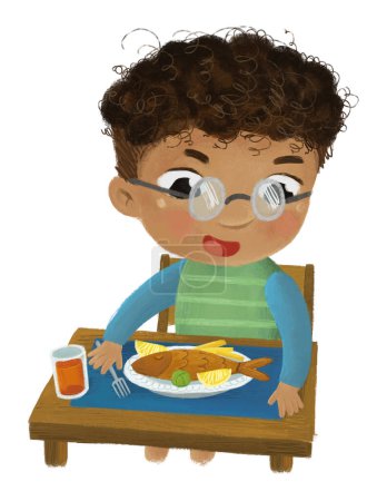 Téléchargez les photos : Scène de dessin animé avec garçon manger sain dîner poisson frit illustration pour les enfants - en image libre de droit