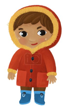 Photo for Cartoon child kid boy taking off or putting on winter autumn clothes by him self childhood illustration for kids - Royalty Free Image