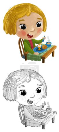 Téléchargez les photos : Scène de dessin animé avec fille petite dame manger illustration de petit déjeuner sain pour les enfants - en image libre de droit