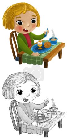 Photo for Cartoon scene with girl little lady eating healthy breakfast illustration for kids - Royalty Free Image