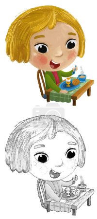 Foto de Escena de dibujos animados con niña pequeña dama comiendo desayuno saludable ilustración para niños - Imagen libre de derechos