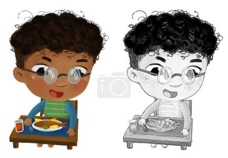 Téléchargez les photos : Scène de dessin animé avec garçon manger sain dîner poisson frit illustration pour les enfants - en image libre de droit