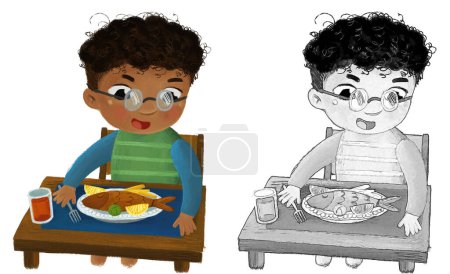 Photo for Cartoon scene with boy eating healthy dinner fried fish illustration for kids - Royalty Free Image