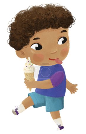 Téléchargez les photos : Dessin animé scène avec garçon manger savoureux dessert crème glacée illustration pour les enfants - en image libre de droit