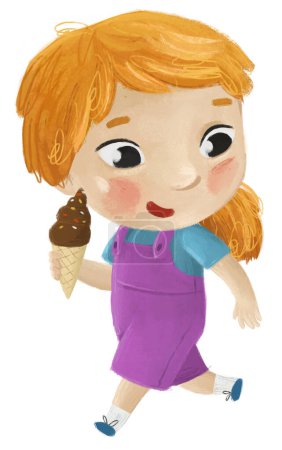 Téléchargez les photos : Scène de dessin animé avec fille manger délicieux dessert crème glacée illustration pour les enfants - en image libre de droit
