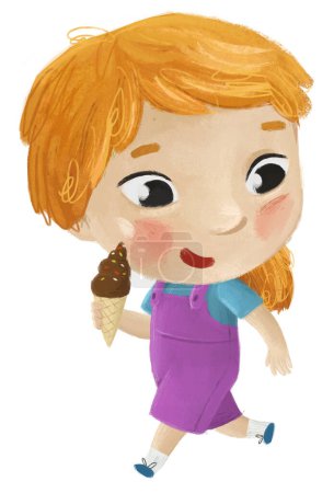 Foto de Escena de dibujos animados con chica comiendo sabroso postre helado ilustración para niños - Imagen libre de derechos