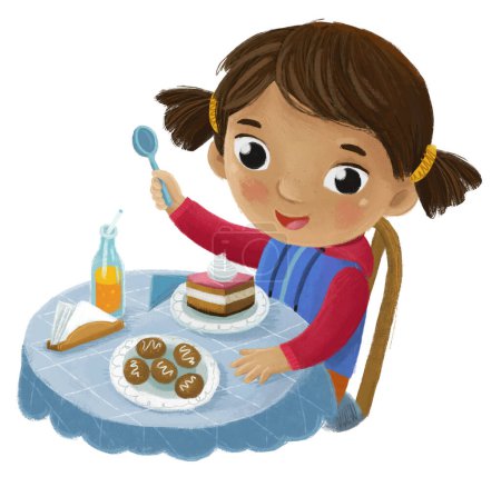 Photo for Cartoon scene with girl eating tasty dessert illustration for children - Royalty Free Image
