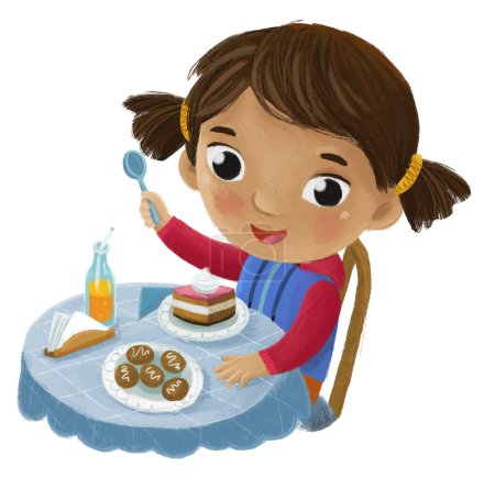 Téléchargez les photos : Scène de dessin animé avec fille manger savoureux dessert illustration pour les enfants - en image libre de droit