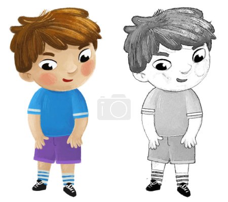 Foto de Dibujos animados niño niño niño quitarse o ponerse ropa por él mismo ilustración de la infancia para los niños - Imagen libre de derechos
