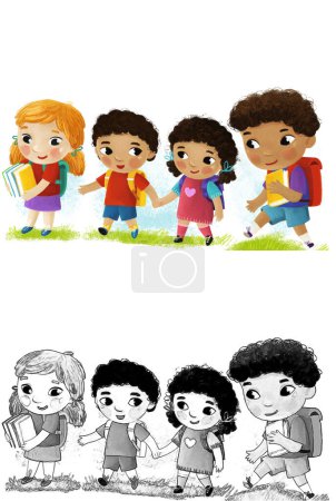 Photo for Cartoon scene with school kids pupils together having fun learning on white background illustration for kids - Royalty Free Image