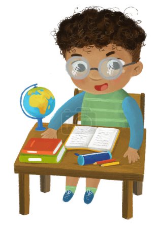 Foto de Dibujos animados niño niño niño alumno ir a la escuela aprendizaje lectura por el escritorio con ilustración de la infancia globo para los niños - Imagen libre de derechos