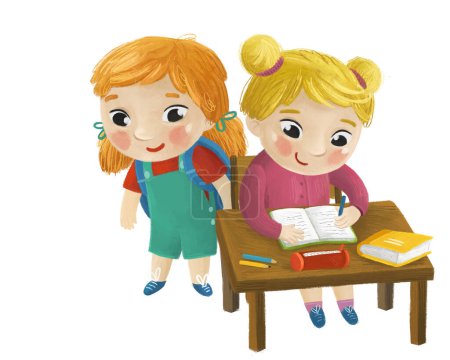 Foto de Dibujos animados niños niñas alumno sentado en el escritorio de la escuela aprendizaje lectura ilustración de la infancia para los niños - Imagen libre de derechos