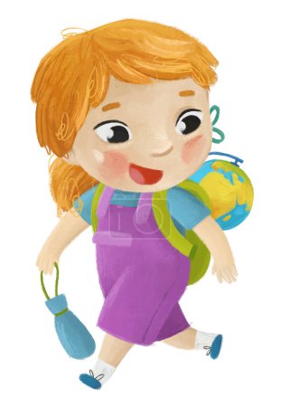 cartoon child kid girl pupil going to school learning with globe childhood illustration for children
