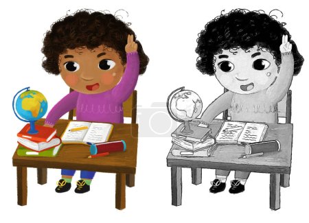 Photo for Cartoon child kid girl pupil going to school learning reading by the desk with globe childhood illustration for children - Royalty Free Image